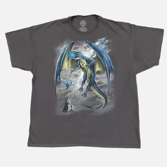 Dragon T-shirt Gray Azure Dragons Lightning Castle Size Men's 3XL - Picture 1 of 5
